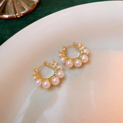 Retro Geometric Copper Inlay Artificial Pearls Zircon Ear Studs 1 Pair