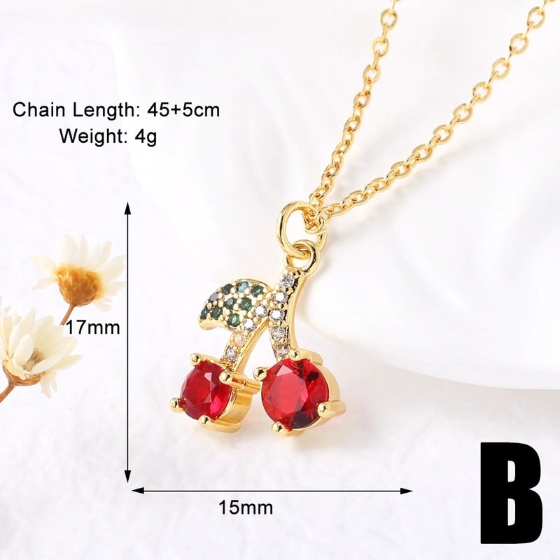 Modern Style Classic Style Cherry 201 Stainless Steel Copper Zircon 18K Gold Plated Plating Inlay Pendant Necklace O-shaped Chain Cable Chain