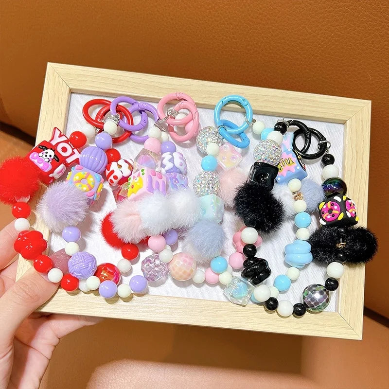 Creative Hand-painted Beads Plush Beaded Mobile Phone Chain Keychain Bag Hanging Headphone Bag Mobile Phone Case Accessories Beaded Chain