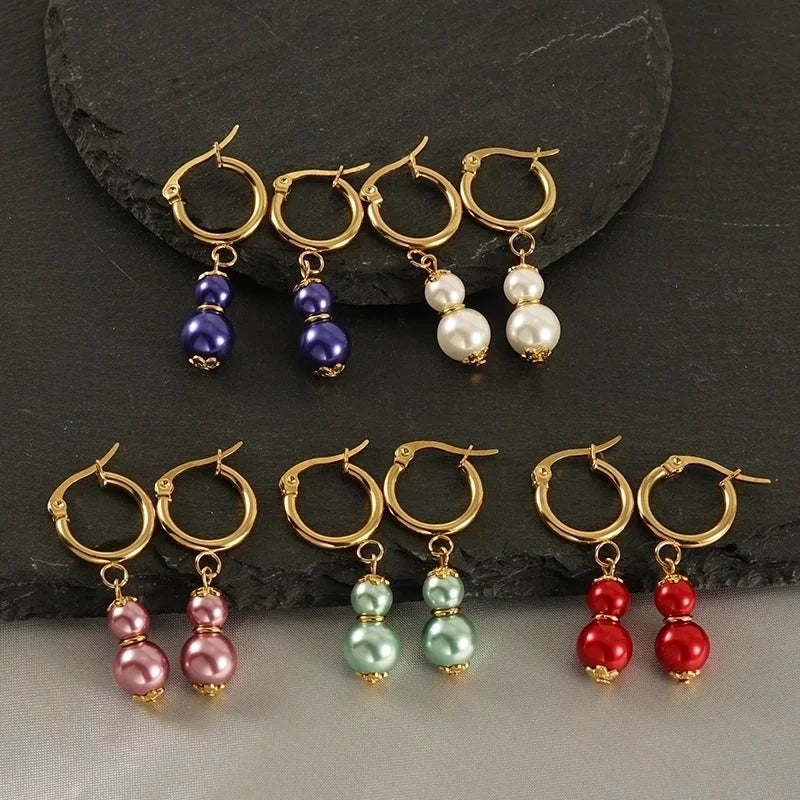 1 Pair Elegant Classical Round Pearl Plating 304 Stainless Steel 18K Gold Plated Drop Earrings