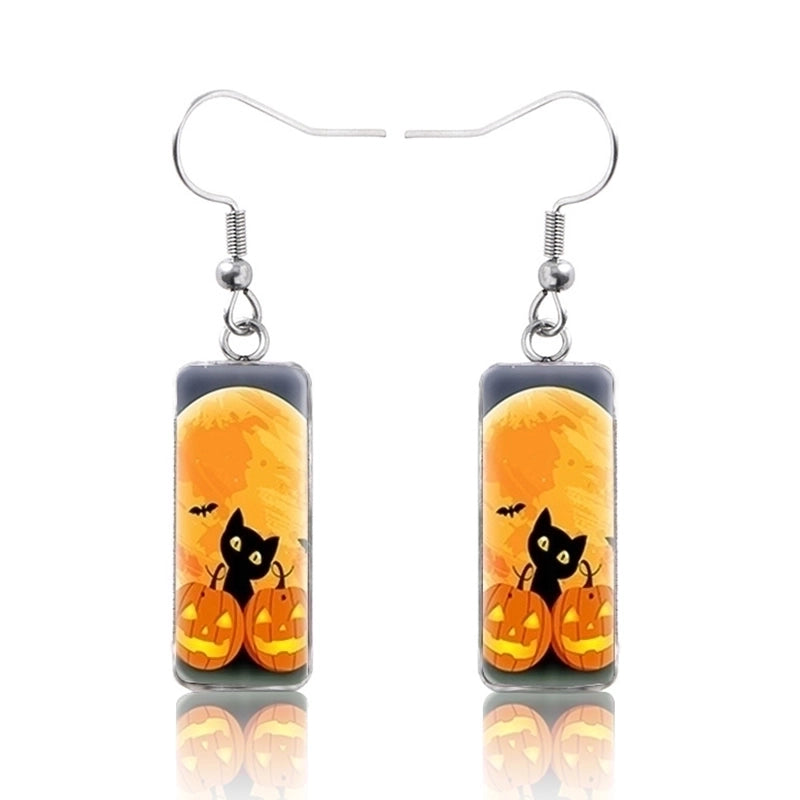 1 Pair Hip-hop Punk Pumpkin Ghost Bat Inlay Stainless Steel Glass Drop Earrings