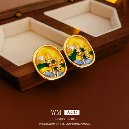 Medieval Flower Geometric Flower Copper Oil Dripping Earrings