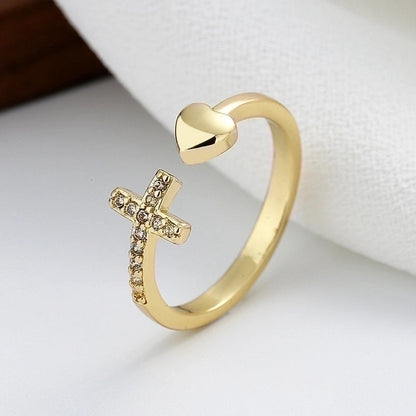 Fashion Cross Heart Shape Copper Inlay Rhinestones Rings