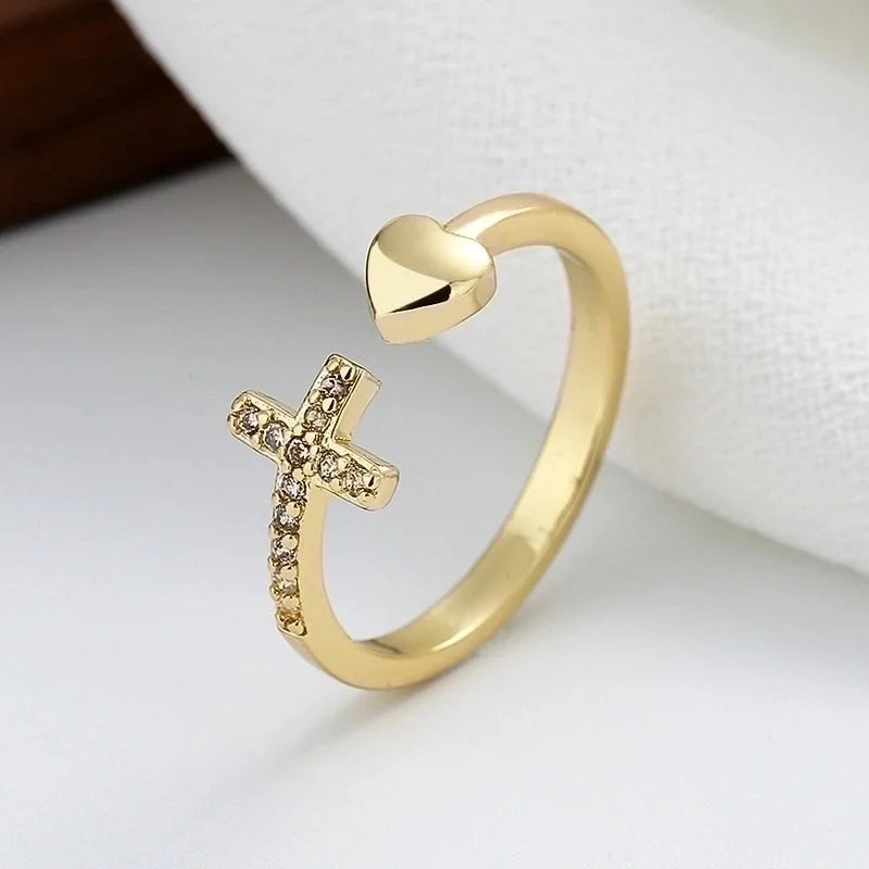 Fashion Cross Heart Shape Copper Inlay Rhinestones Rings