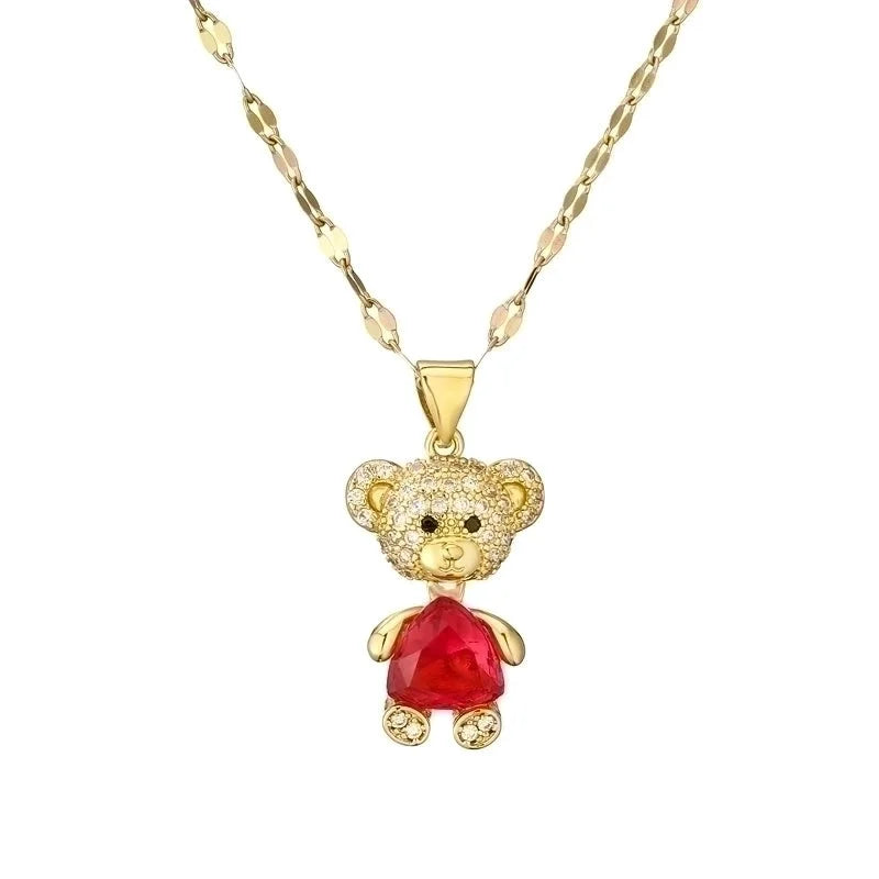 Cartoon Style Cute Little Bear Titanium Steel Copper Pearl Zircon Plating Inlay Pendant Necklace