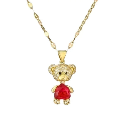Cartoon Style Cute Little Bear Titanium Steel Copper Pearl Zircon Plating Inlay Pendant Necklace