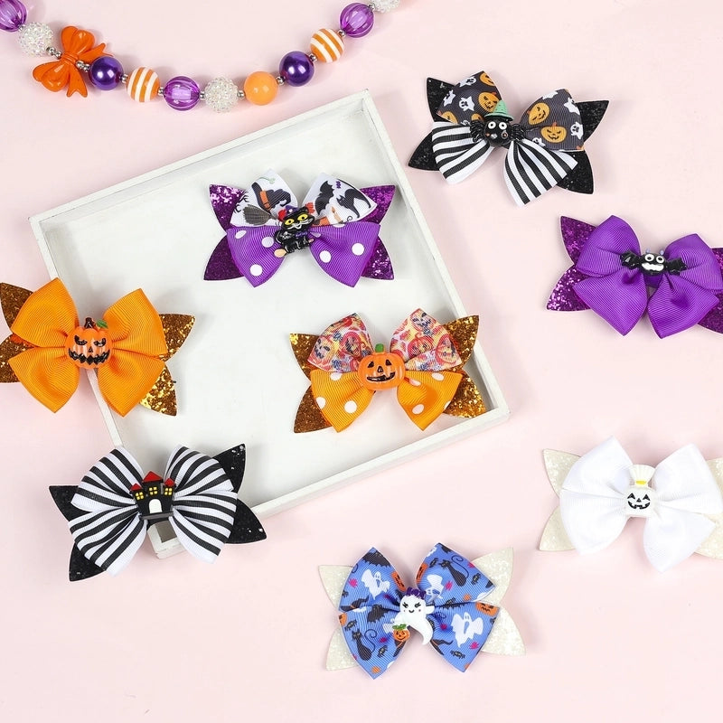 Funny Kid'S Halloween Pattern Pumpkin Bat Ribbon Sequins Bowknot Hair Clip
