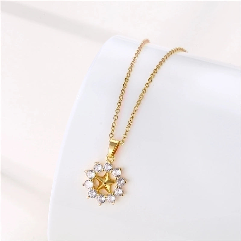 Stainless Steel Titanium Steel 18K Gold Plated Minimalist Plating Inlay Flower Dragonfly Butterfly Zircon Pendant Necklace