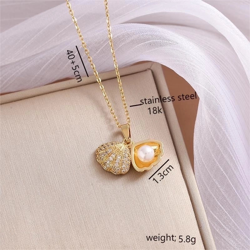 Casual Sweet Shell 304 Stainless Steel Pearl Zircon 18K Gold Plated Inlay Pendant Necklace