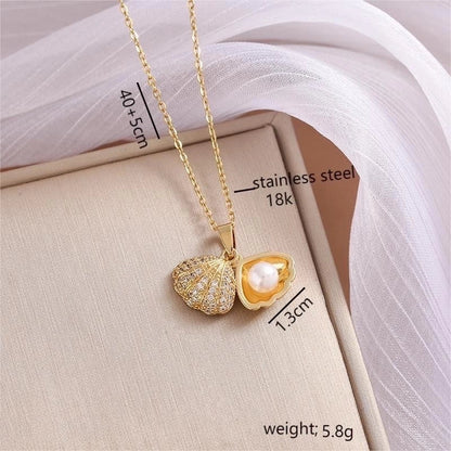 Casual Sweet Shell 304 Stainless Steel Pearl Zircon 18K Gold Plated Inlay Pendant Necklace