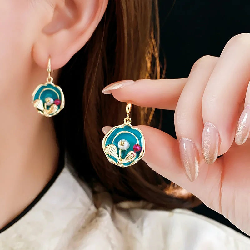 Medieval Flower Geometric Flower Copper Oil Dripping Earrings