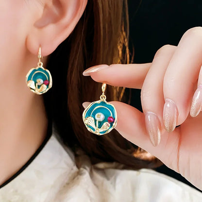 Medieval Flower Geometric Flower Copper Oil Dripping Earrings