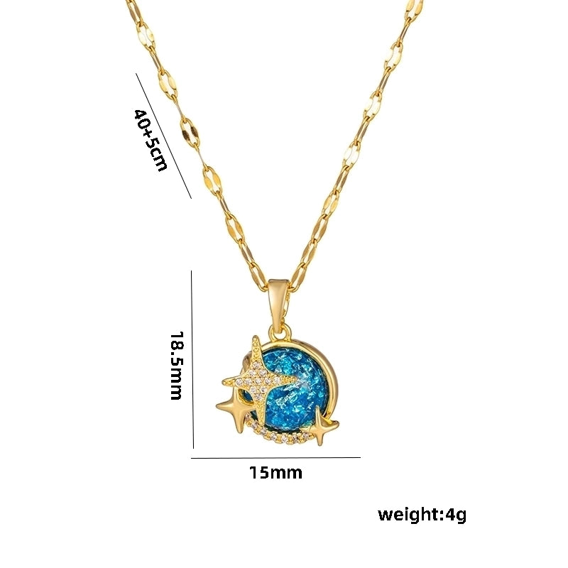 Titanium Steel 18K Gold Plated Casual Minimalist Inlay Star Moon Planet Moonstone Zircon Pendant Necklace