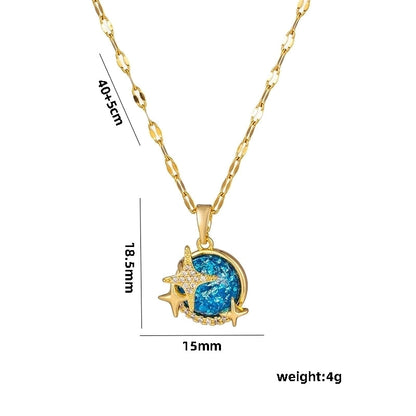 Titanium Steel 18K Gold Plated Casual Minimalist Inlay Star Moon Planet Moonstone Zircon Pendant Necklace