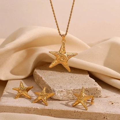 Retro Starfish Titanium Steel 18K Gold Plated Plating Rings Earrings Necklace