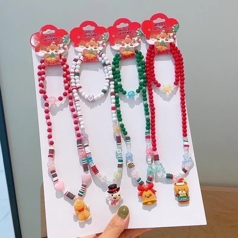 Cute Christmas Tree Santa Claus Elk Resin Beaded Christmas Kid's Jewelry Set