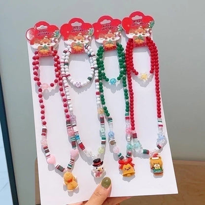 Cute Christmas Tree Santa Claus Elk Resin Beaded Christmas Kid's Jewelry Set