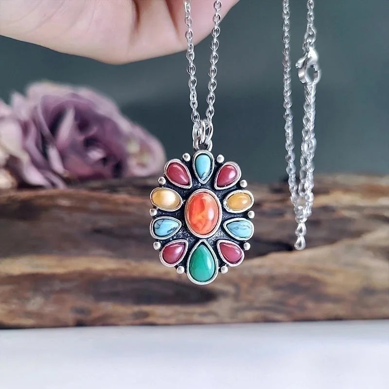 Alloy Retro Bohemian Classic Style Inlay Oval Turquoise Pendant Necklace