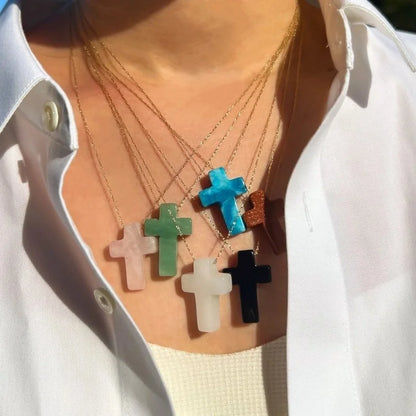 Minimalist Geometric Cross Natural Stone Titanium Steel Pendant Necklace In Bulk