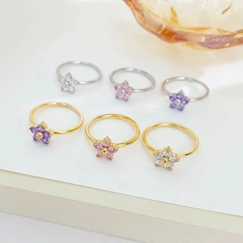 Sweet Minimalist Flower 304 Stainless Steel Zircon White Gold Plated Gold Plated Plating Inlay Rings