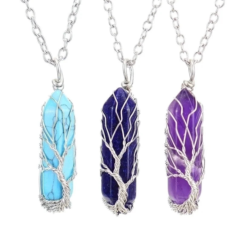 Minimalist Hexagon Prism Natural Stone Ferroalloy Knitting Pendant Necklace