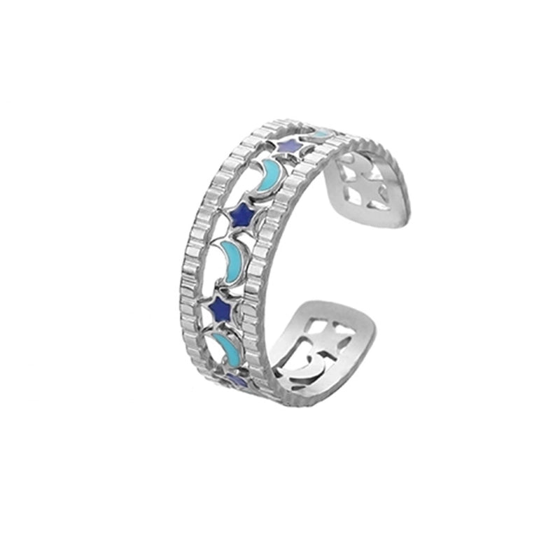 Ethnic Style Sun Star 304 Stainless Steel Artificial Gemstones Rhinestones Enamel Inlay Open Rings