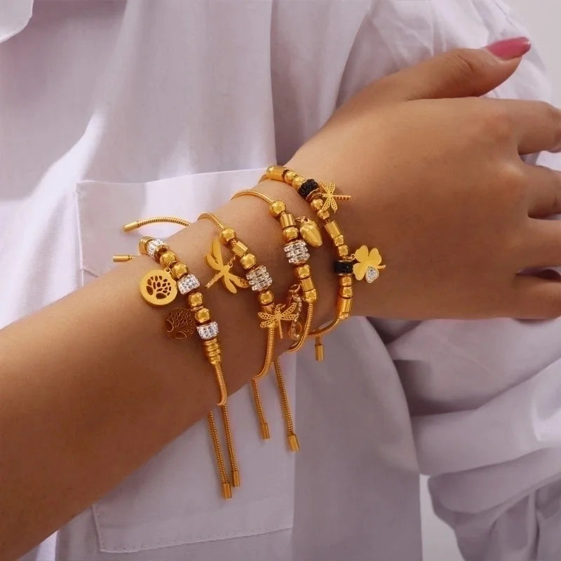 Retro Minimalist British Style Round Heart Shape Life Tree 304 Stainless Steel 18K Gold Plated Rhinestones Bracelets In Bulk