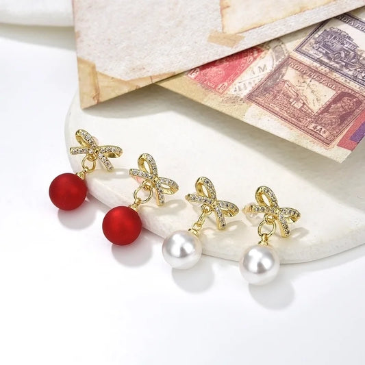 Copper Plating 18K Color Retention Imitation Pearl Bowknot Christmas Ear Studs Earrings