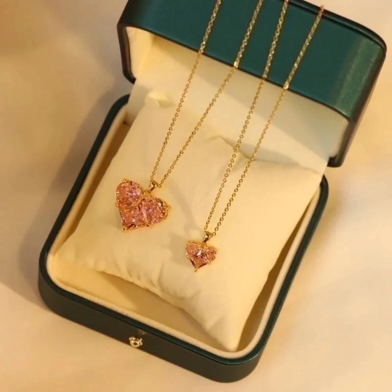 Sweet Heart Shape Titanium Steel Inlaid Gold Zircon Earrings Necklace