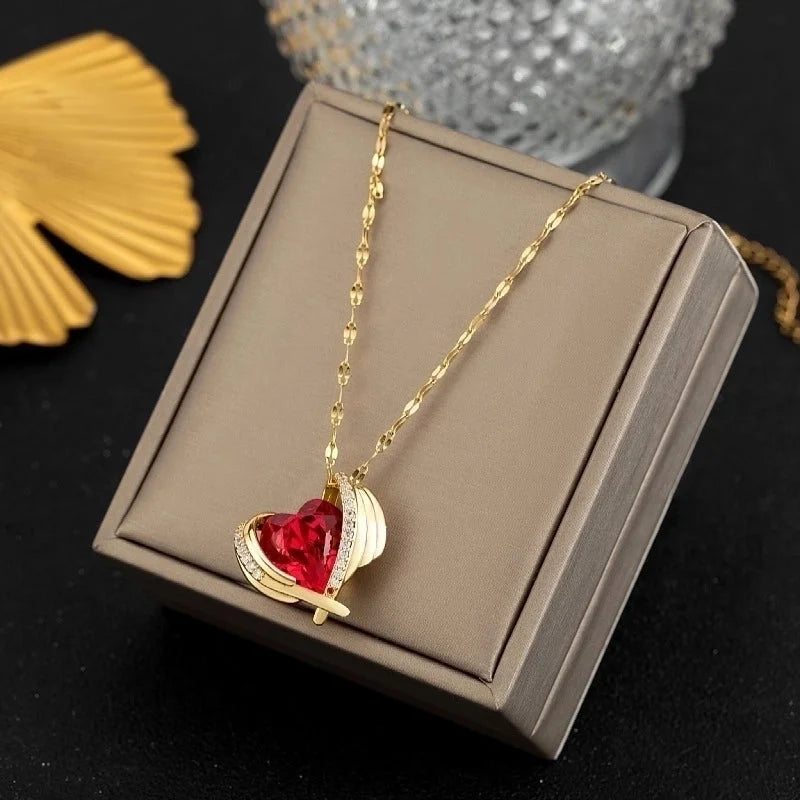 Sweet Heart Shape Titanium Steel Plating Inlay Zircon Pendant Necklace