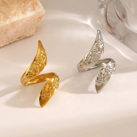 Vintage Style Flower 304 Stainless Steel 18K Gold Plated Open Rings