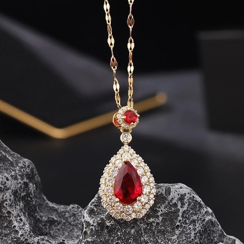 Retro Water Droplets Titanium Steel Copper Inlay Zircon Pendant Necklace