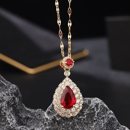 Retro Water Droplets Titanium Steel Copper Inlay Zircon Pendant Necklace