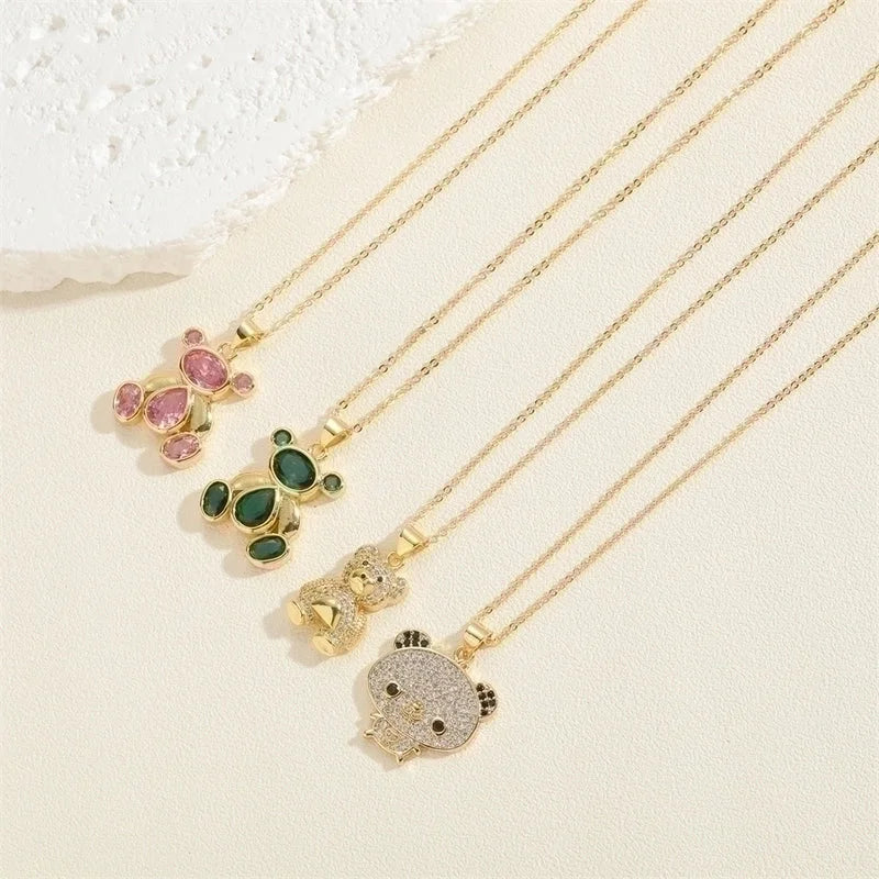 Minimalist Little Bear Copper Plating Inlay Zircon 14k Gold Plated Pendant Necklace