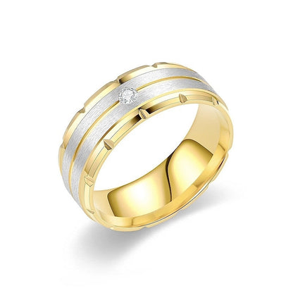Modern Style Minimalist Round Titanium Steel Artificial Diamond 18K Gold Plated Inlay Wide Band Ring