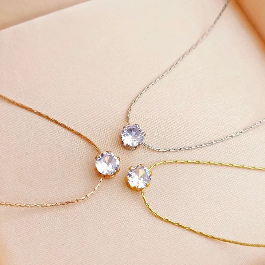 Minimalist Round Titanium Steel Rhinestones 18K Gold Plated Inlay Necklace