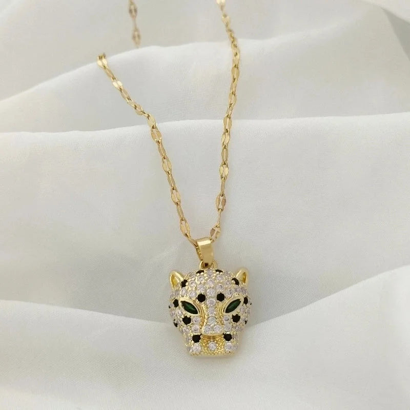 201 Stainless Steel Gold Plated Panda Jaguar Flower Large Diamond Glass Zircon Pendant Necklace