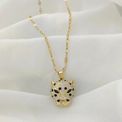 201 Stainless Steel Gold Plated Panda Jaguar Flower Large Diamond Glass Zircon Pendant Necklace