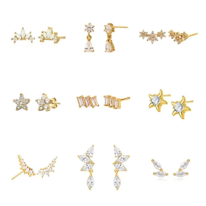 1 Pair Minimalist Shiny Geometric Water Droplets Flower Inlay Copper Zircon Drop Earrings Ear Studs