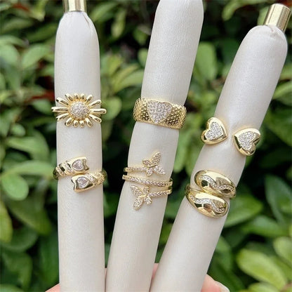 Copper 18K Gold Plated Heart Shape Butterfly Zircon Open Rings