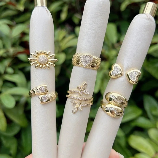 Copper 18K Gold Plated Heart Shape Butterfly Zircon Open Rings