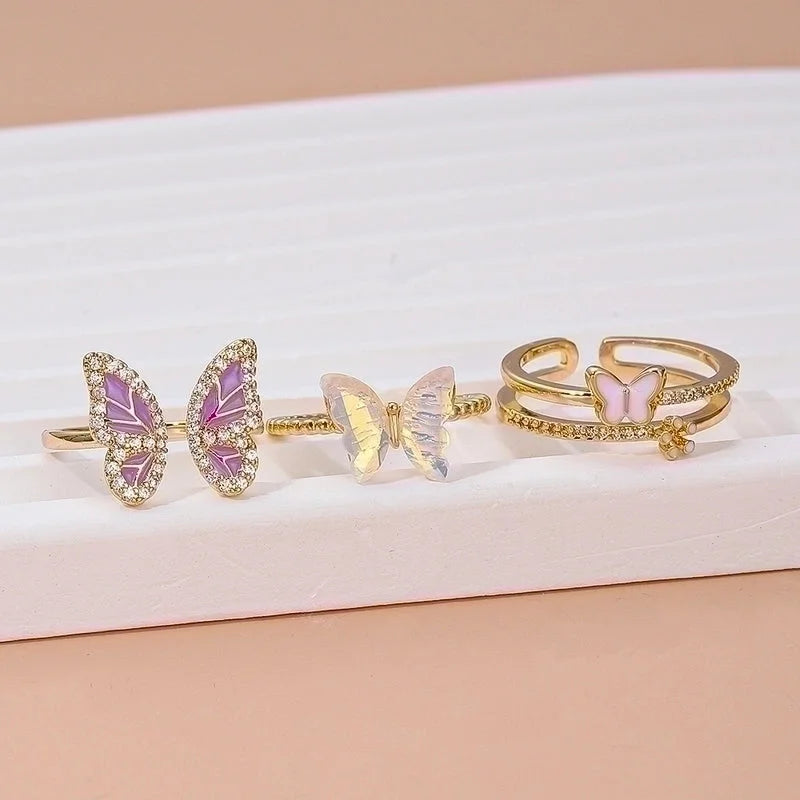 Ig Style Basic Geometric Butterfly Copper Plating Inlay Zircon 14k Gold Plated Open Rings