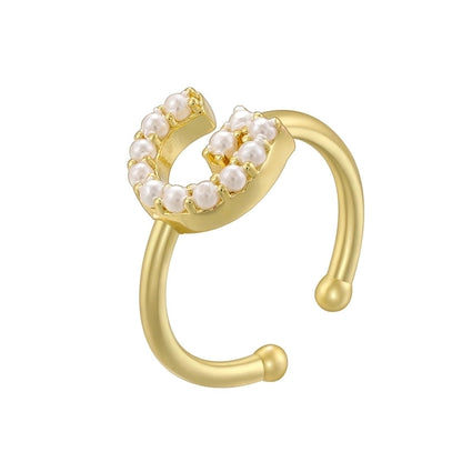 Copper 18K Gold Plated Plating Inlay Letter Artificial Pearls Open Rings