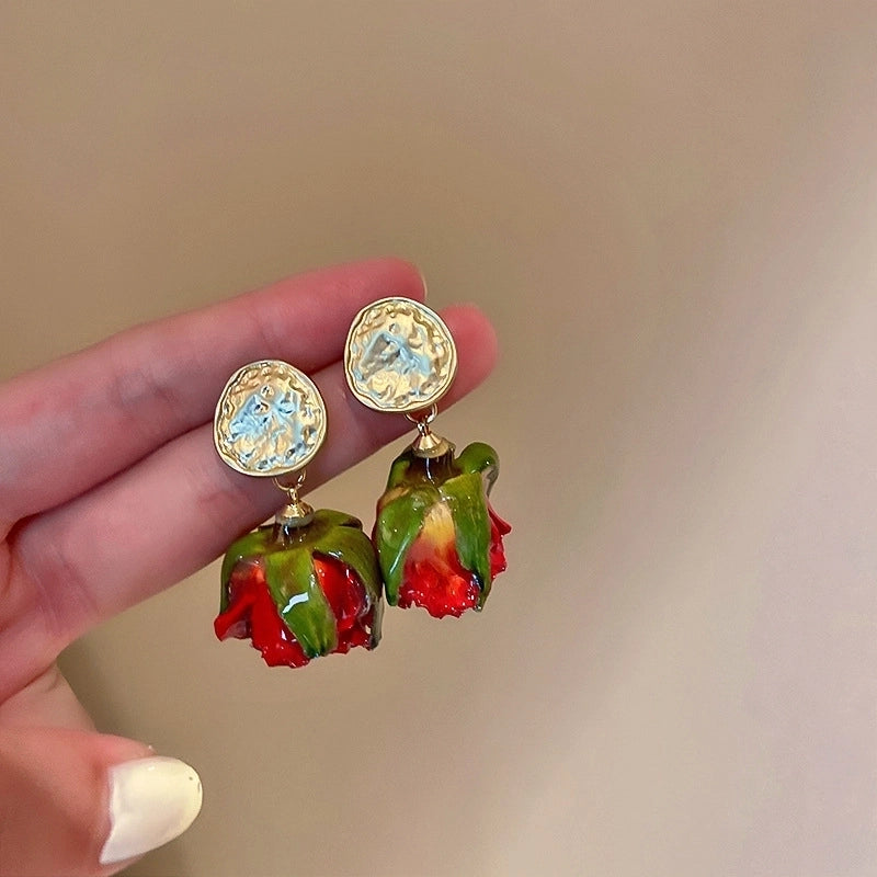 1 Pair Minimalist Flower Copper Enamel Rhinestones Drop Earrings Ear Studs
