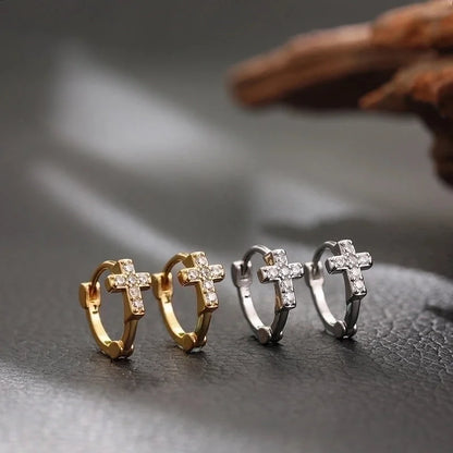 1 Pair Minimalist Shiny Cross Circle Inlay 304 Stainless Steel Zircon Earrings