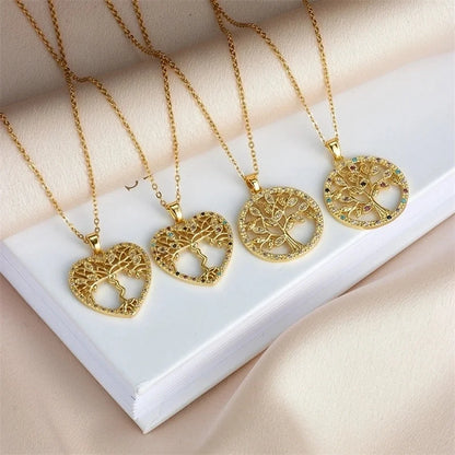 304 Stainless Steel Copper Heart Shape Life Tree Pendant Necklace
