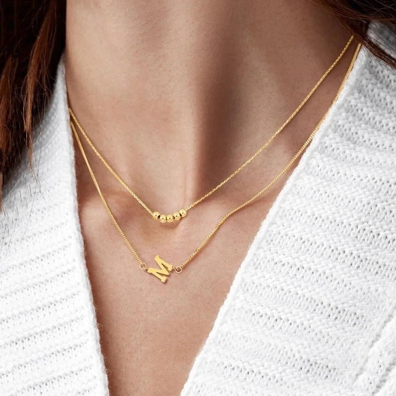 2 Pcs/set Gold Classic Fashion Initial Letter Copper Bead Stainless Steel Bracelet Women Necklace Suit