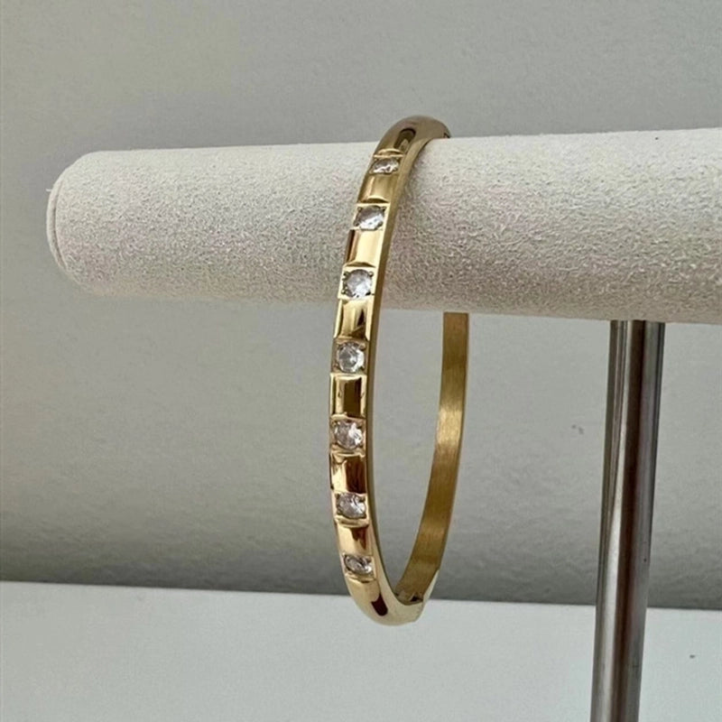 Casual Minimalist Round Square Stripe Stainless Steel Plating Inlay Zircon 18k Gold Plated Bangle