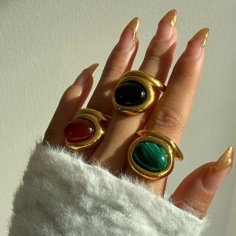 Retro Geometric Titanium Steel Inlay Natural Stone Rings