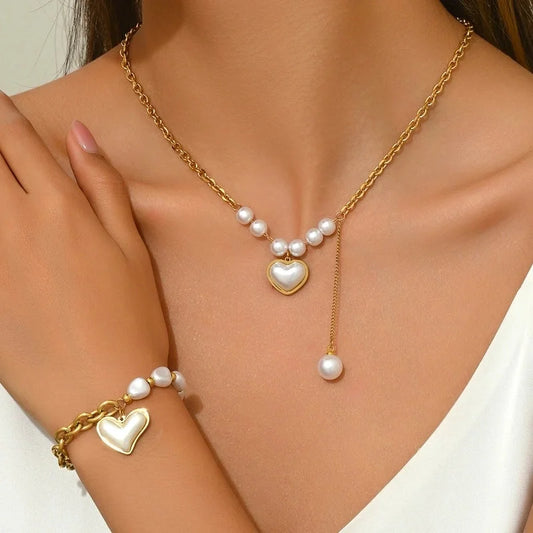 Elegant Heart Shape 304 Stainless Steel 18K Gold Plated Beaded Pearl Plating Bracelets Necklace Jewelry Set